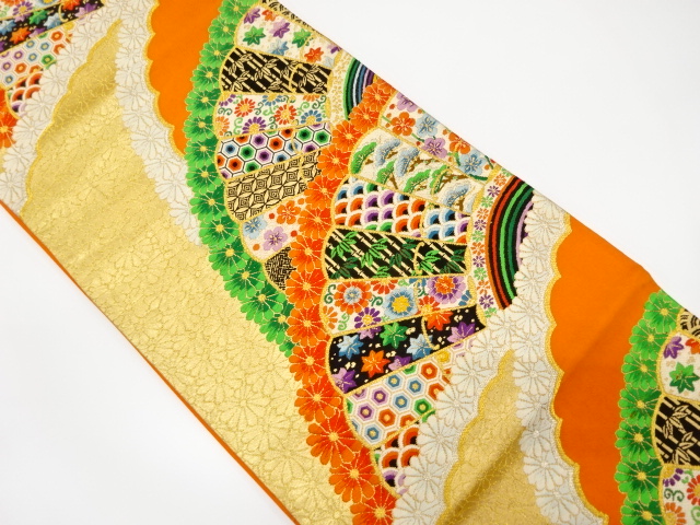 アンティーク　桧扇に花・古典柄織り出し袋帯（着用可）